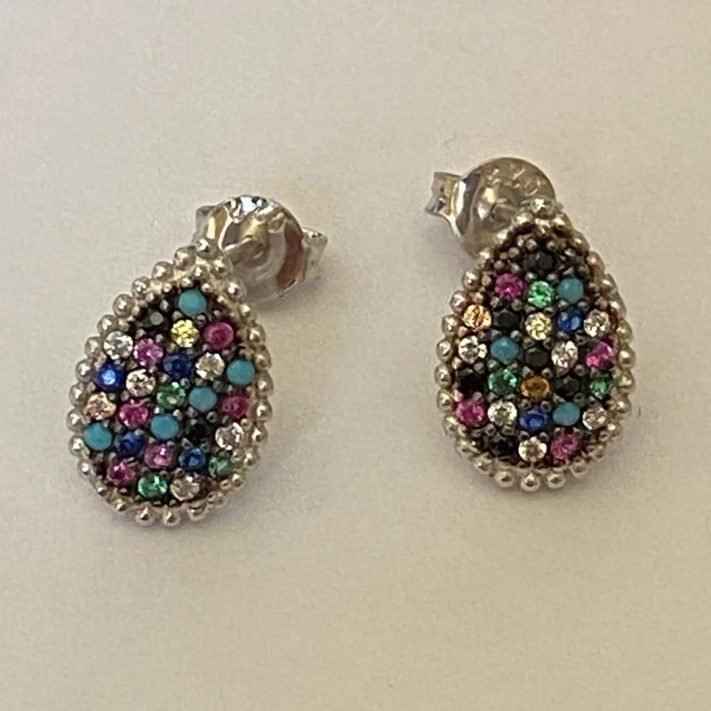 925 silver post earrings drop shape colorful cz and turquoise stones multi color
